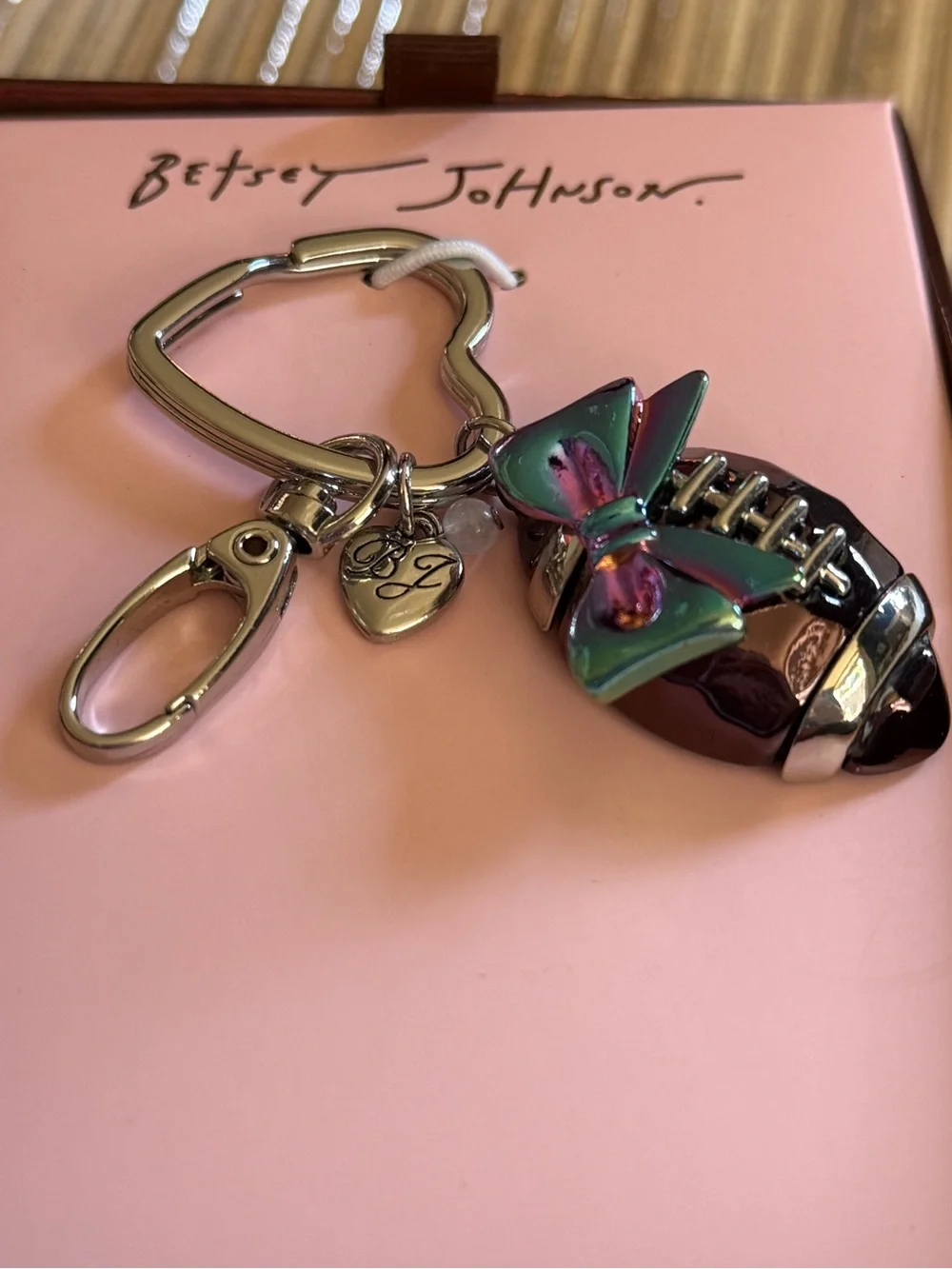 NEW BETSEY JOHNSON Metal Football Bow Fob Keychain Charm
